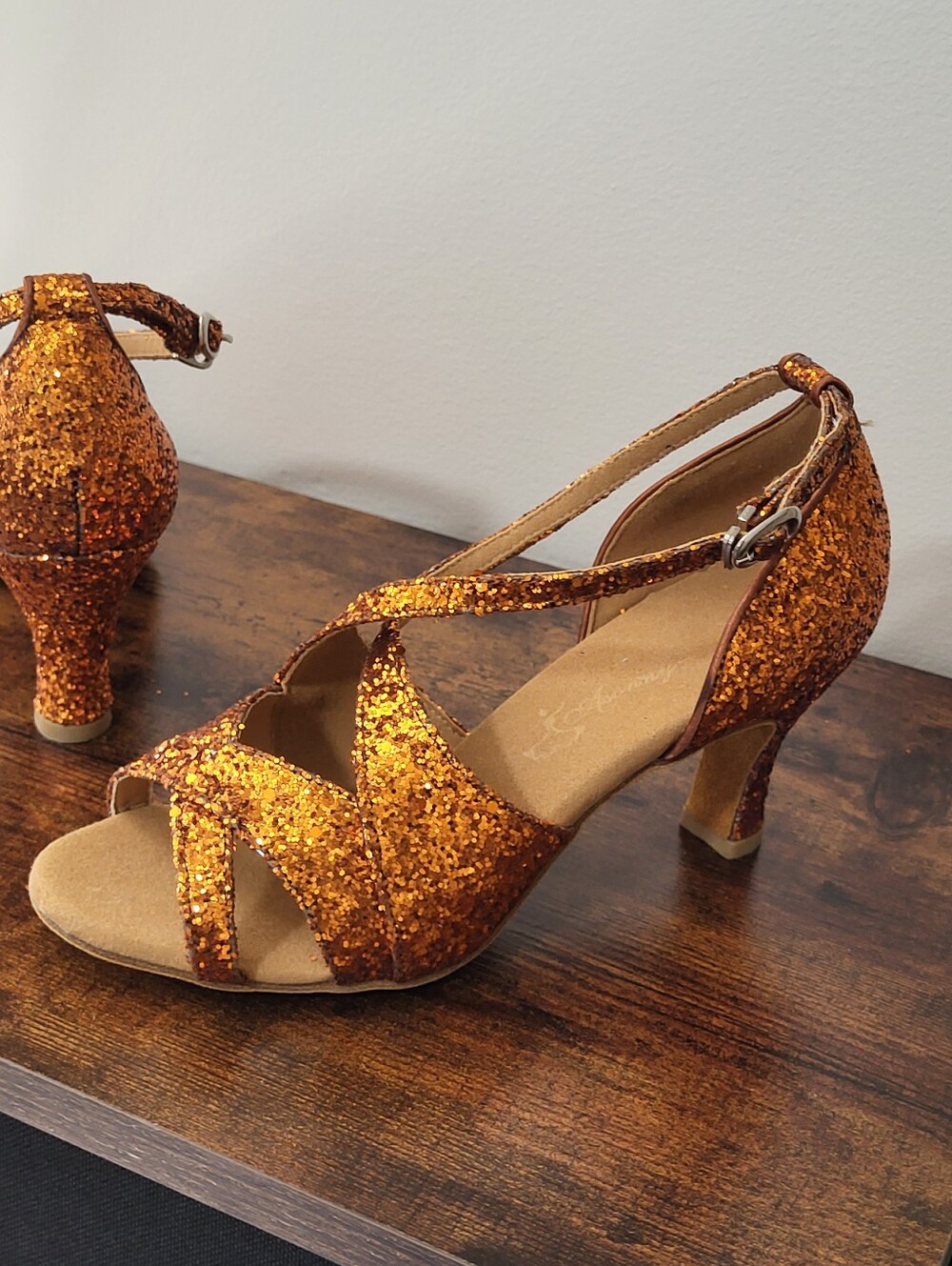 Latin Ballroom Dance Competition Dancing Shoes Sz 5 Orange/Gold Glitter